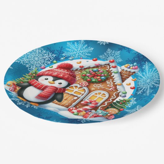 Warmer Winter wünscht Pinguin Pappteller (Schrägansicht)