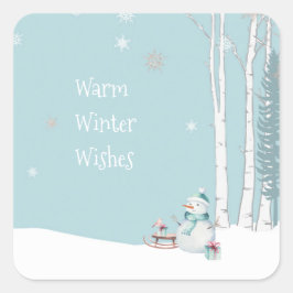Warmer Winter wünscht Schneemann mit Schlittenschn Quadratischer Aufkleber