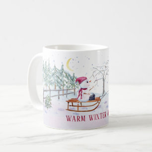 Warmer Winter wünscht Snowman und Baby auf Schlit Kaffeetasse