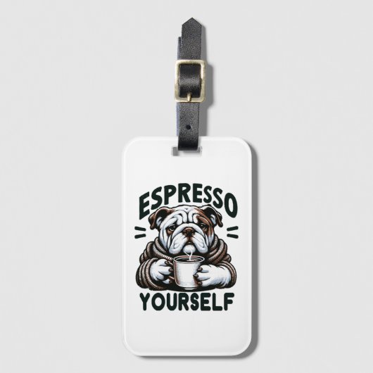 Warmes Espresso Bulldog - Cosy Coffee Gepäckanhänger (Vorderseite Vertikal)