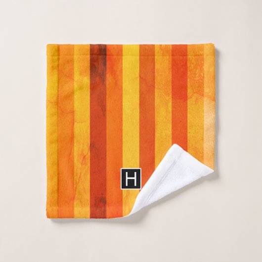 Warmes, gewittertes Orange Red Stripes Monogramm Badhandtuch Set (Waschlappen)