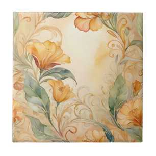 Warmes Goldenes Nouveau mit zarten Blumen  Fliese