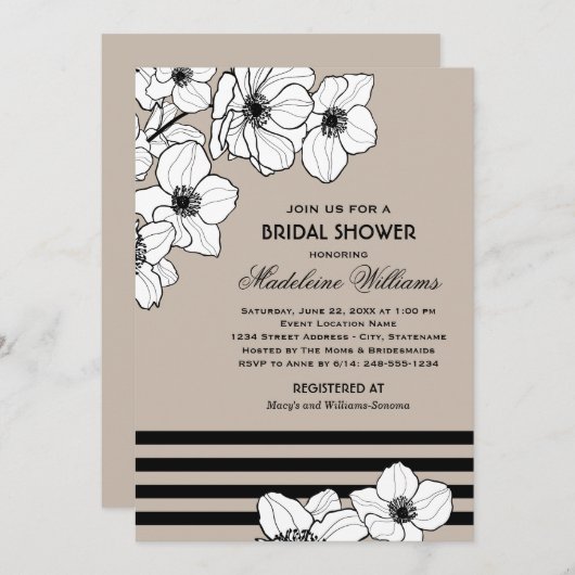 Warmes graues Anemone Floral Wedding Brautparty Einladung (Vorne/Hinten)