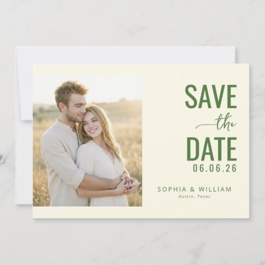 Warmes grünes minimalistisches Foto Save The Date (Vorderseite)