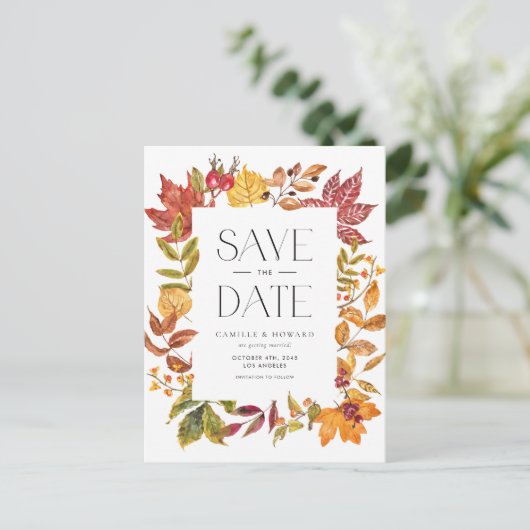 Warmes Herbstlassen Frame QR-Code Save the Date Ankündigungspostkarte (Stehend Vorderseite)