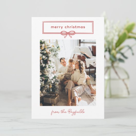 Warmes Red White Hübsch Bow Foto Frohe Weihnachten (Stehend Vorderseite)