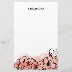 Warmes rosa Aquarellfarben Blumenzeilenart Monogra Briefpapier