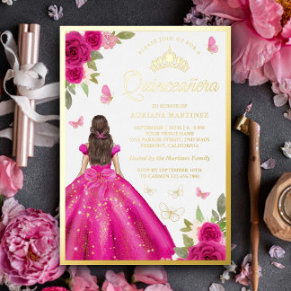 Warmes Rosa Blumenkleid Schmetterling Quinceanera Folieneinladung