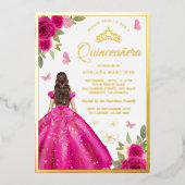 Warmes Rosa Blumenkleid Schmetterling Quinceanera Folieneinladung (Vorderseite)