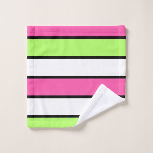Warmes Rosa, kalkgrüne, schwarze und weiße Streife Badhandtuch Set (Waschlappen)