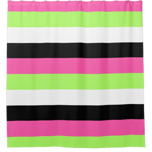 Warmes Rosa, kalkgrüne, schwarze und weiße Streife Duschvorhang (Vorderseite)