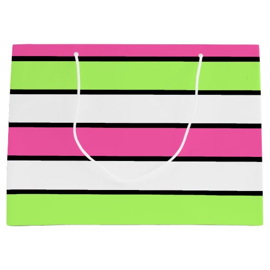 Warmes Rosa, kalkgrüne, schwarze und weiße Streife Große Geschenktüte (Vorderseite)