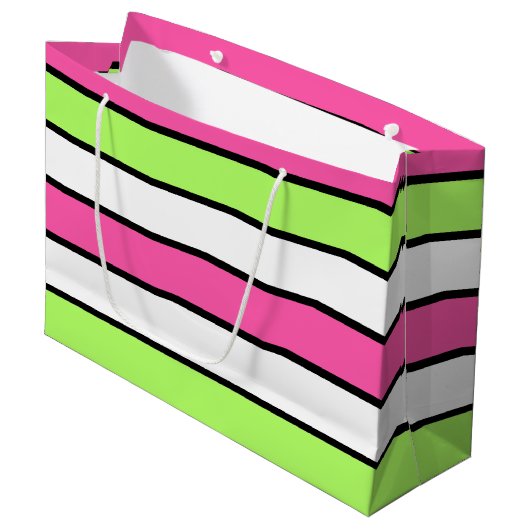 Warmes Rosa, kalkgrüne, schwarze und weiße Streife Große Geschenktüte (Vorderseite Schrägansicht)