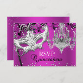 Warmes Rosa Kronleuchter Masquerade Quinceanera UA RSVP Karte (Vorne/Hinten)