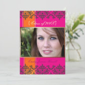 Warmes Rosa + Orange + Damask Foto Einladungen (Stehend Vorderseite)