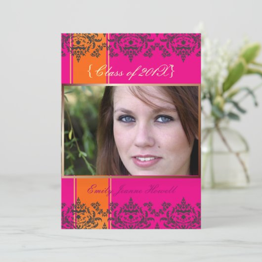 Warmes Rosa + Orange + Damask Foto Einladungen (Stehend Vorderseite)