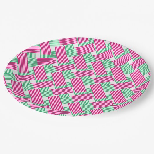 Warmes Rosa und grüne Streifen Pappteller (Schrägansicht)