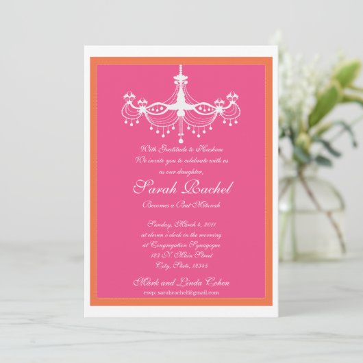 Warmes Rosa und orange Kronleuchter Einladung (Stehend Vorderseite)