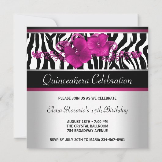 Warmes Rosa Zebra Quinceanera Einladungen (Vorderseite)
