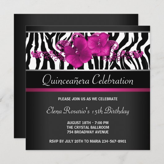 Warmes Rosa Zebra Quinceanera Einladungen (Vorne/Hinten)