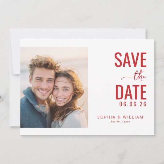 Warmes rotes romantisches Foto Save The Date (Vorderseite)