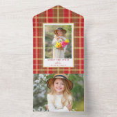 Warmes rustikales Red & Gold Kariertes Foto All In One Einladung (Innen Boden)