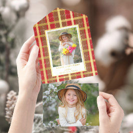 Warmes rustikales Red & Gold Kariertes Foto All-in-One-Einladung