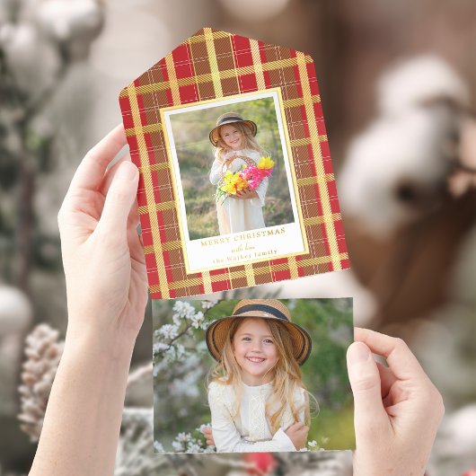 Warmes rustikales Red & Gold Kariertes Foto All-in-One-Einladung