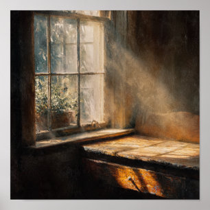 Warmes Sonnenlicht im Küchenfenster eines Erbstück Poster