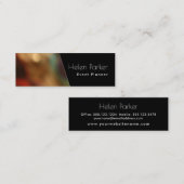 Warmes, unscharfes Foto neben fester schwarzer Mini Visitenkarte (Vorne/Hinten)