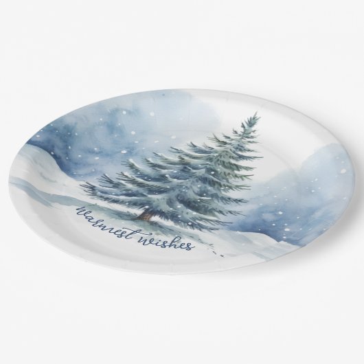 Warmste Wünsche Schnee bedeckt Evergreen Tree Pappteller (Schrägansicht)
