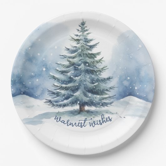 Warmste Wünsche Schnee bedeckt Evergreen Tree Pappteller (Vorderseite)