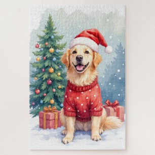 Warmwaterfarbe Golden Retriever Weihnachtsbaum Puzzle