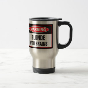 Warnende Blondine mit der Gehirn-Reise-Tasse Reisebecher