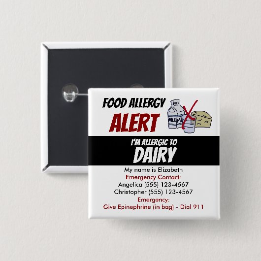 Warnhinweis für die Editable Dairy Food Allergy Button (Vorne & Hinten)