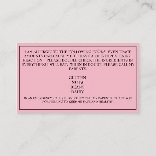 Warnhinweis zur Personalisierten Kindernahrungsall Visitenkarte (Rückseite)