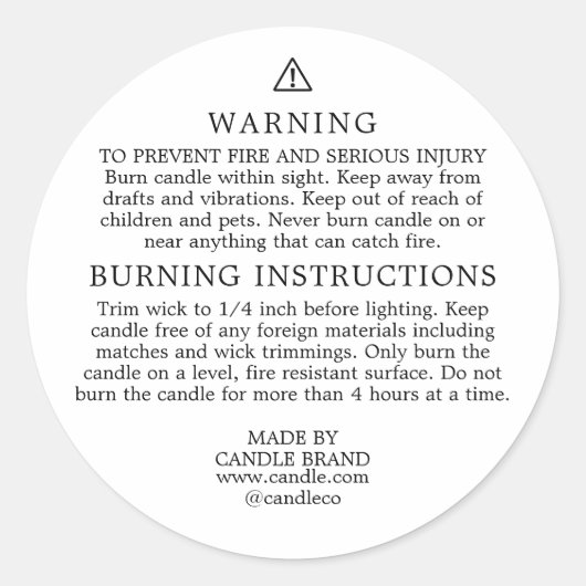 Warning Burning Instructions Candle Label Runder Aufkleber (Vorderseite)