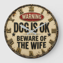Warning Dog Is OK Beware of the Wife Funny Große Wanduhr