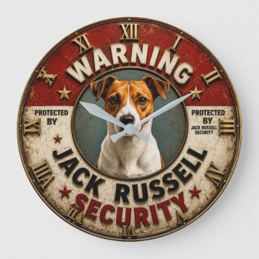 Warning Protected by Jack Russell Security Funny Große Wanduhr (Vorderseite)