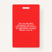 Warnnotfall für eine Lebensmittelallergie beim Red Ausweis (Rückseite)