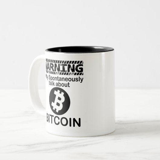 Warnung kann spontan über Bitcoin sprechen Zweifarbige Tasse (Vorderseite Links)