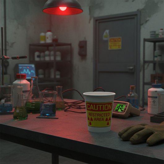 Warnung vor Strahlenbelastung in einem beschränkte Pappbecher