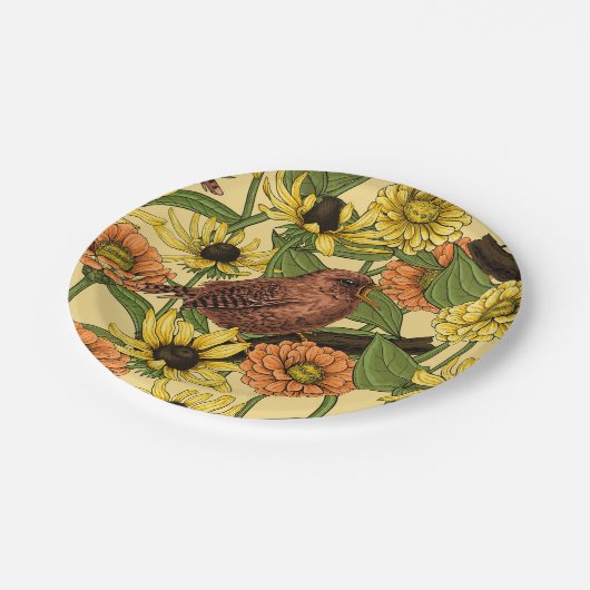 Warnzeichen und Blume, blassgelb Pappteller (Schrägansicht)