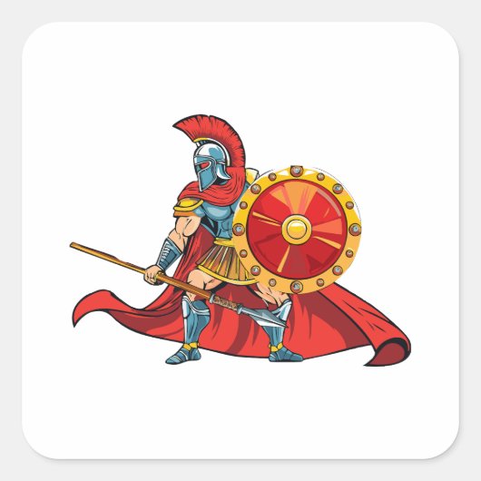 warrior holding spear and shield quadratischer aufkleber (Vorderseite)
