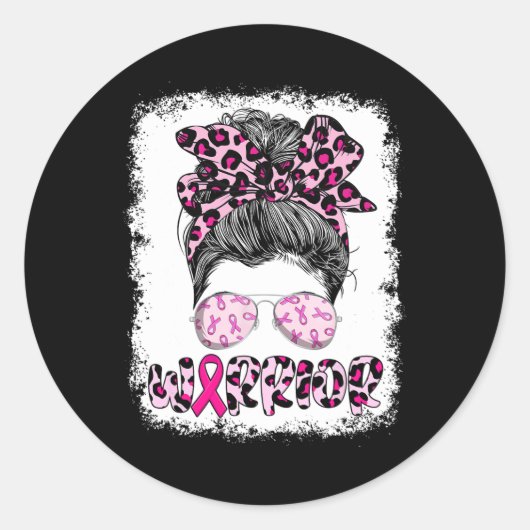 Warrior Messy Bun Leopard Brustkrebs Bewusstsein Runder Aufkleber (Vorderseite)