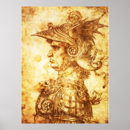 WARRIOR PROFILE IN DRAGON HELMET Sepia Zeichnend Poster (Vorne)
