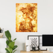 WARRIOR PROFILE IN DRAGON HELMET Sepia Zeichnend Poster (Heimbüro)