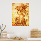 WARRIOR PROFILE IN DRAGON HELMET Sepia Zeichnend Poster (Küche)