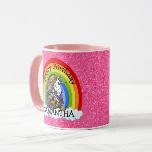Warrior Unicorn Happy BIRTHDAY Pink Glitzer Tasse (Vorderseite Links)