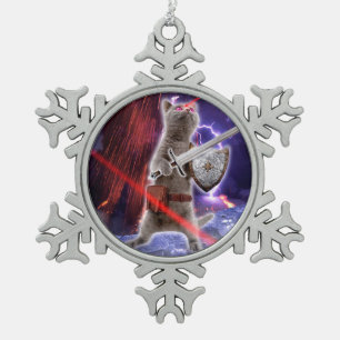 Warriorkatze mit Lasern aus dem Auge Schneeflocken Zinn-Ornament